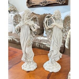 Pair Angel Figurines Violin & Harp 17" Elegant Silver White home Decor Statues